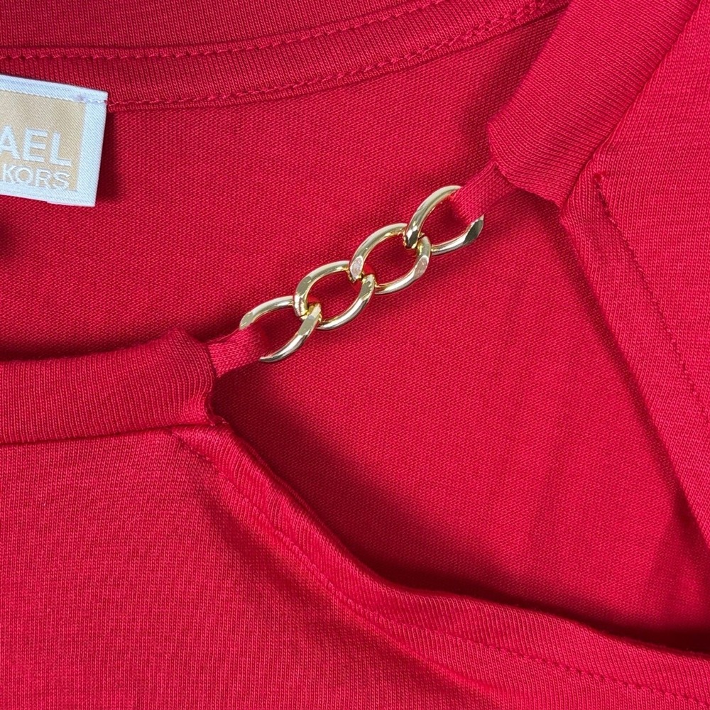 Michael Kors Top L Red Cutout Chain Neck Short Sleeve Chic Minimalist Festive - Picture 9 of 11